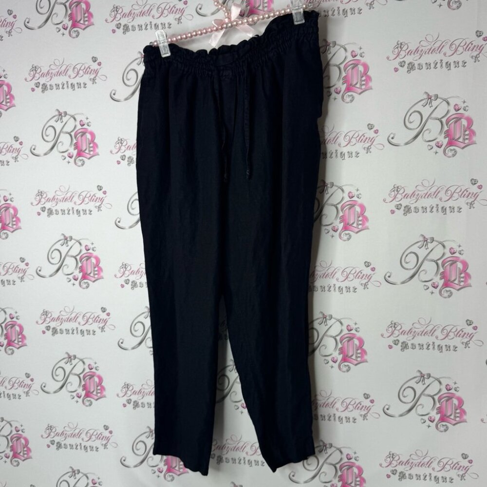 H&m linen blend pants stretchy waist band smocked Black Elastic Waist Pants - Picture 2 of 6